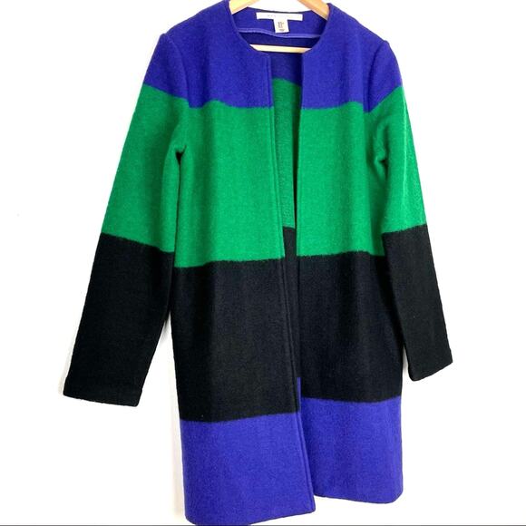 Max Studio | Long Wool Coat Green Purple Black Blocks of Color - Picture 1 of 7